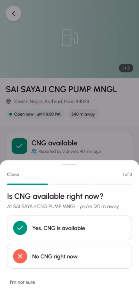 A GasView sheet asking whether CNG is available right now, with Yes and No answers