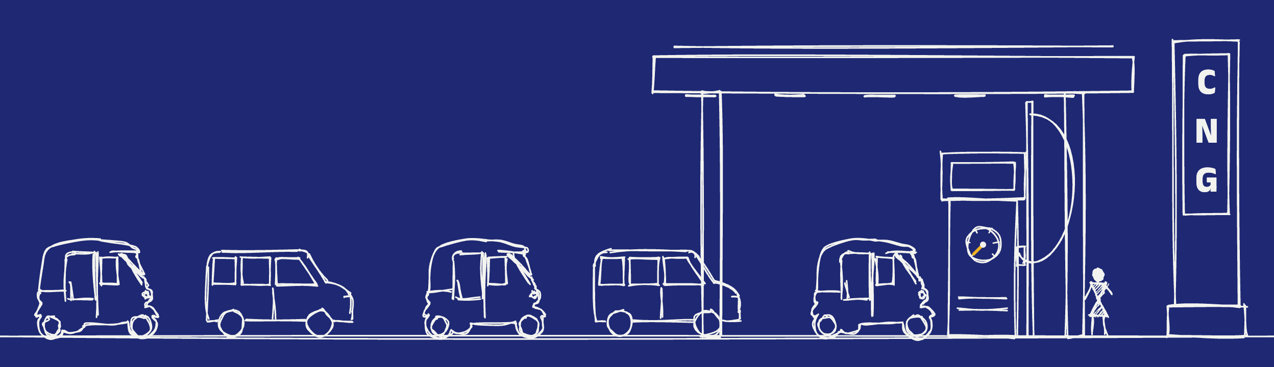Auto rickshaws and cars wait in line at a CNG station, in front of the dispenser and its tall CNG sign.