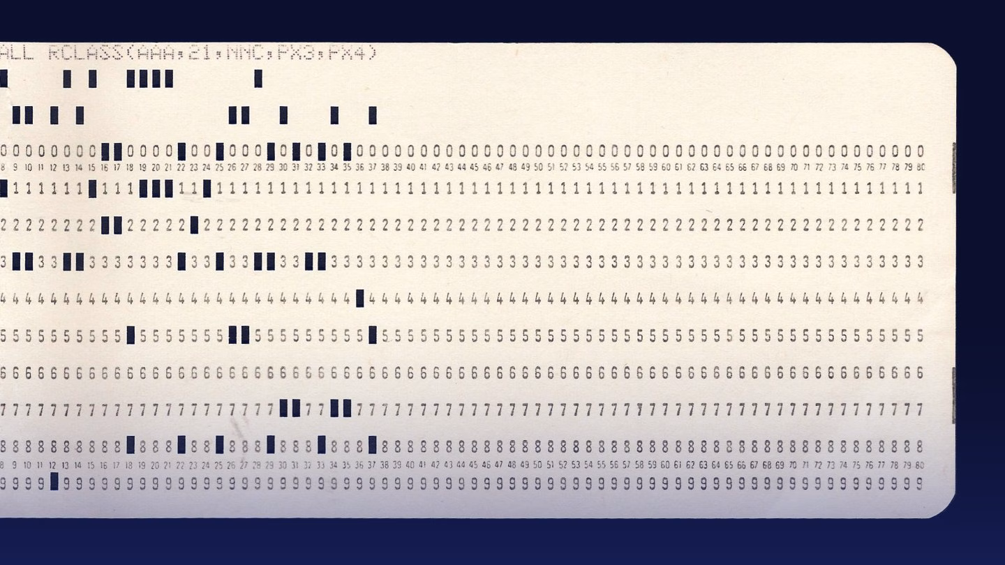 An 80 column punched card, rows of printed digits with small rectangular holes punched through them.
